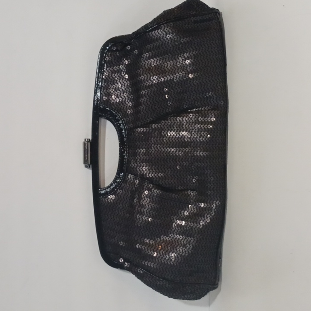 Elliot Lucca black sequin and patent clutch bag